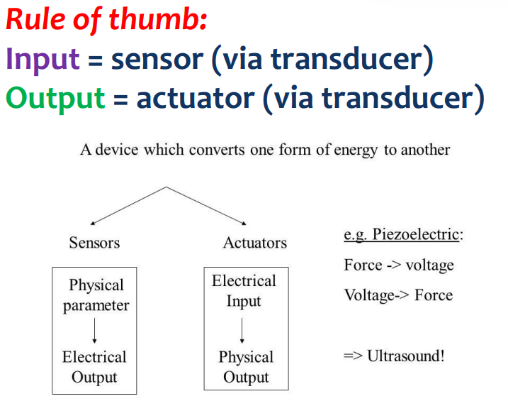 <ul><li><p>A device that converts one type of physical property, quantity, or condition into another easily usable form.</p></li><li><p>Advantages (if the output is electrical)</p><ul><li><p>Easy amplification</p></li><li><p>Easy integration and differentiation</p></li><li><p>Easy convertibility from analog to digital and vice versa</p></li><li><p>Easy data transmission</p></li><li><p>Remote controllability</p></li><li><p>Compatibility with microprocessors and computers</p></li></ul></li><li><p>Used every time a signal has to be converted from one form to another</p></li></ul><p></p>