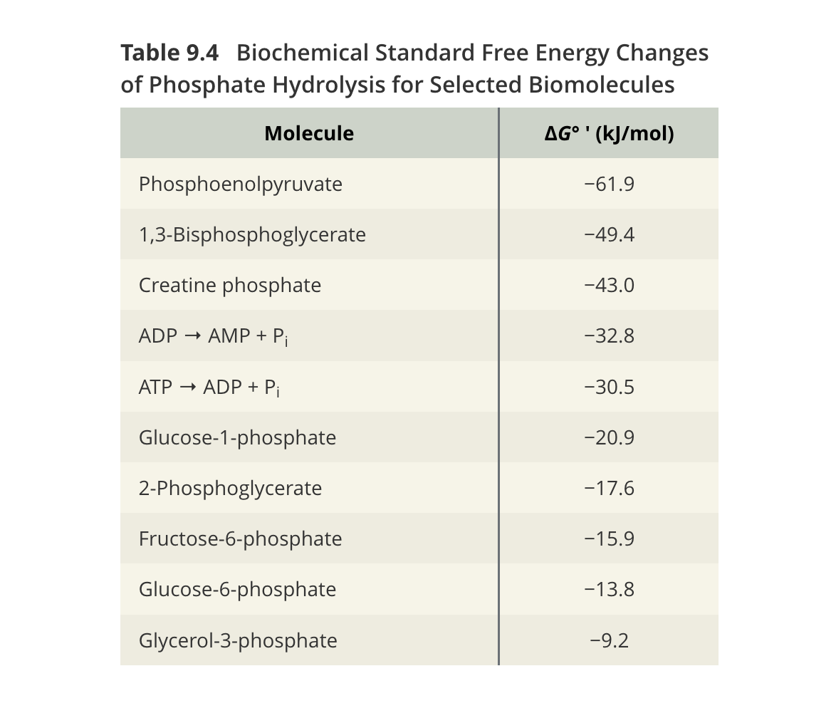 <p><strong>Q:</strong> What do the standard free energies in Table 9.4 reveal?</p>