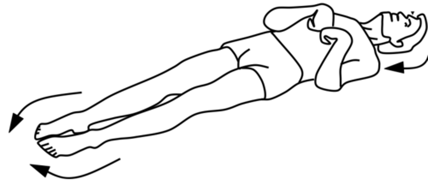 <p>UE: arms are flexed/adducted with the wrists and fingers are flexed</p><p>LE: legs are extended with feet plantar flexed</p>