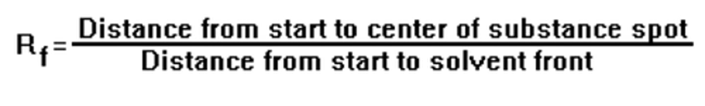 <p>Distance traveled by the compound divided by the distance traveled by the solvent</p><p>--------------</p><p>EQUATION:</p><p>- RF= (distance compound / distance solvent)</p><p>--------------</p><p>WHAT CAN IT BE USED FOR:</p><p>- used to compare compounds on the same plate</p><p>- used to calculate the reaction progress</p><p>(IS NOT USED TO COMPARE DISTANCES ON DIFFERENT PLATES)</p>