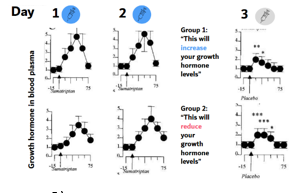 <p>participanten kregen groeihormonen behandeling 3 dagen lang, maar 3de dag is een placebo + verschillende verwachting!</p><ul><li><p>dag 1 &amp; 2: beide groepen stijging groeihormonen</p></li><li><p>dag 3</p><ul><li><p>groep 1: “het zorgt voor stijging” → kleine piek in gh blijft (ookal is het placebo)</p></li><li><p>groep 2: “dit zorgt voor vermindering” → OOK nog een kleine piek</p></li></ul></li></ul><p>=&gt; DUS NAAST VERWACHTING speelt ook de klassie conditionering en CUES hier een grote rol in onbewuste fysiologische functies</p><p></p>