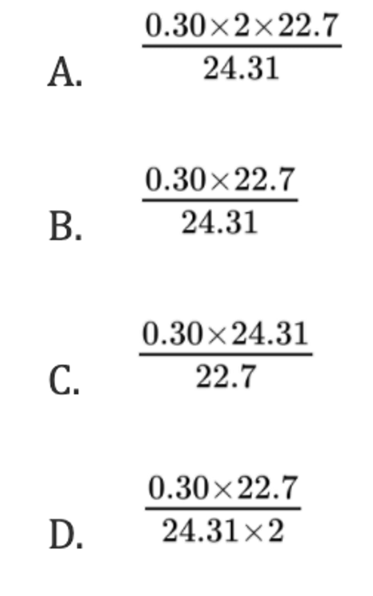 <p>What is the expression for the volume of hydrogen gas, in dm³, produced at STP when 0.30 g of magnesium reacts with excess hydrochloric acid solution?</p><p>Mg(s) + 2HCl(aq) → MgCl₂(aq) + H₂(g)</p><p>Molar volume of an ideal gas at STP = 22.7 dm³mol⁻¹</p>