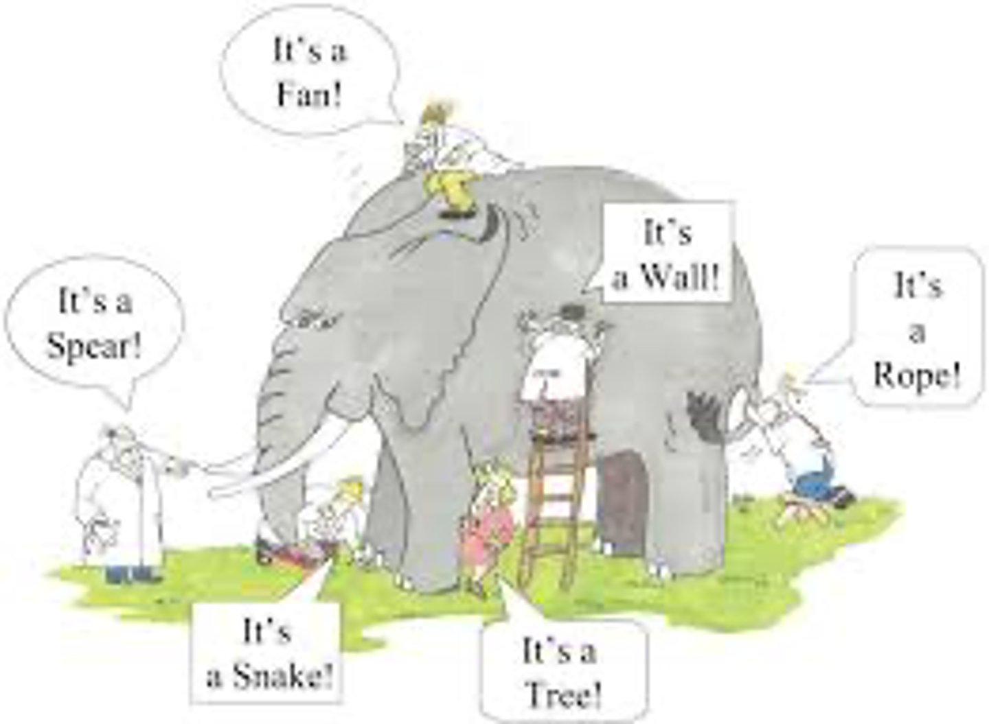 <p>Each person has a partial understanding which they believe to be true. This is reflective of religions as each thing they possess the truth. It is perspective and none has a full picture.</p>