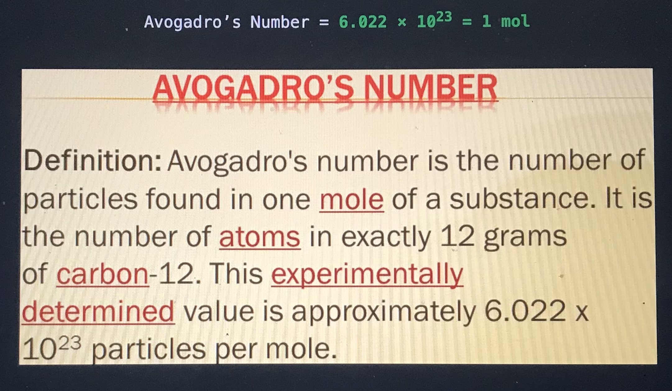 <p>6.022 x 10²³ particles per 1 mole </p>