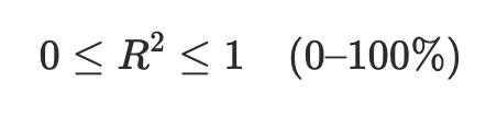 <p>R² anger hur stor del av variationen i responsvariabeln (y) som regressionsmodellen lyckas förklara<span></span></p><p>Värdet ligger mellan 0 och 1 (eller 0-100%)<span></span></p><p>Vid enkel linjär regression sammanfaller R² med kvadraten på korrelationskoefficienten (r² = R²)<span></span></p>