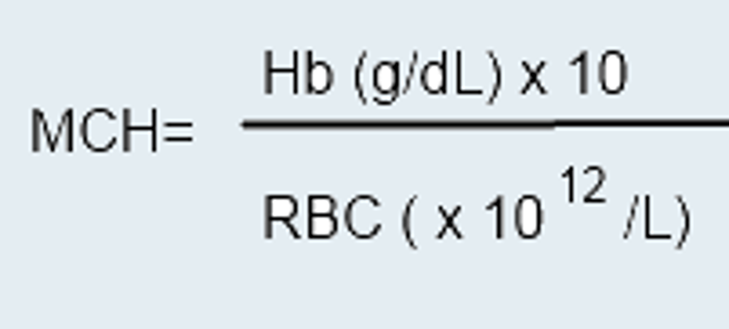<p>weight if hb in RBC (RI = 28-34) NOT ACCOUNT FOR SIZE OF CELL + linear relationship with MCV (small cells = low hb) [ hb/rbc * 10]</p>