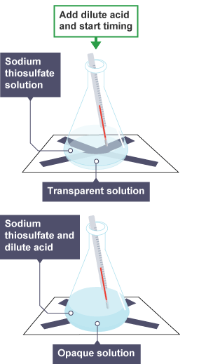 <p>*<em>for example, sodium thiosulfate + hydrochloric acid (Na2S2O3 + 2HCl)*</em></p><ul><li><p>time as you add acid</p></li><li><p>watch until you cannot see X</p></li></ul><p></p>