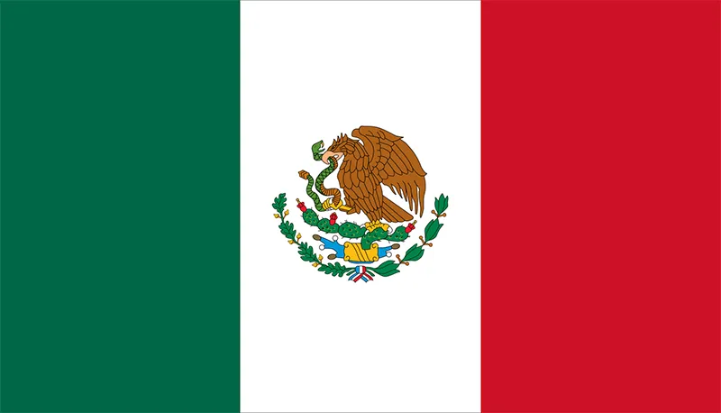 Mexican flag featuring the eagle perched on a cactus growing from a rock, eating a snake