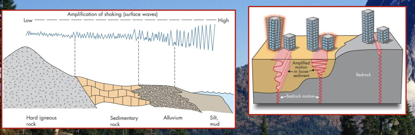 definition:

* An increase in ground motion during an earthquake

\
\
P and S waves slow as they travel through alluvial sand, gravel, clay, soil, etc.

\
As the waves slow, some of their energy is transferred to surface waves 
