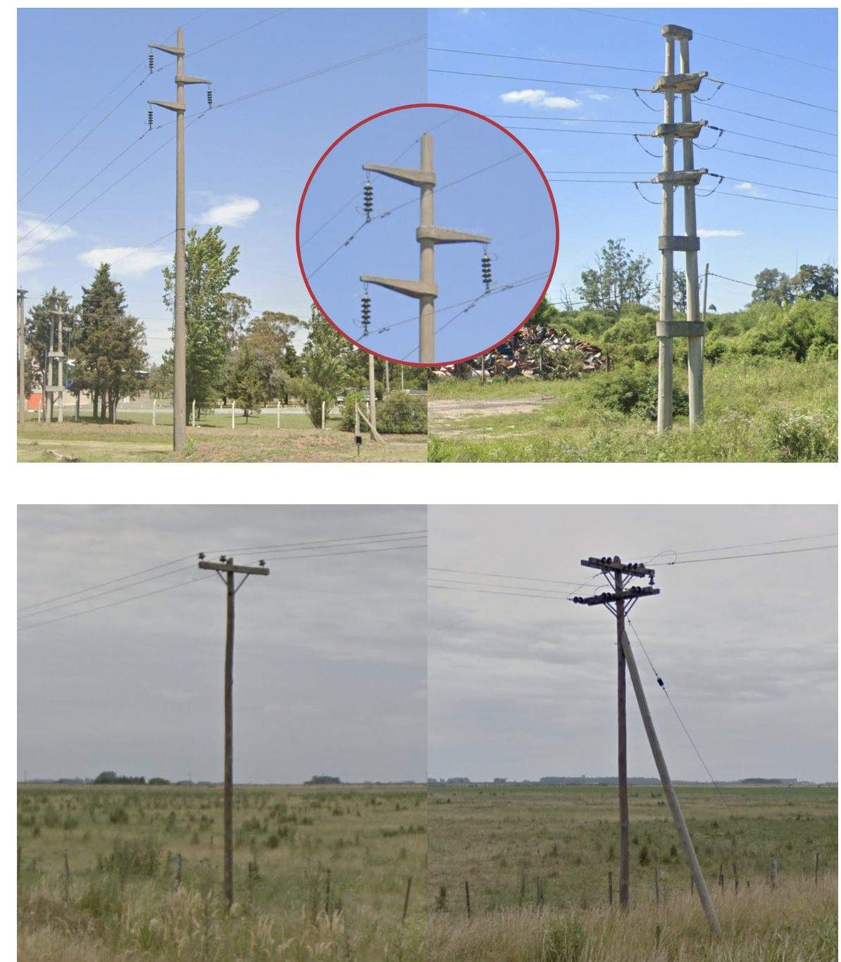 <p>Round concrete poles with three electricity lines in alternating pattern are very common. Doubled concrete poles and wooden A-frame poles are also found.</p>