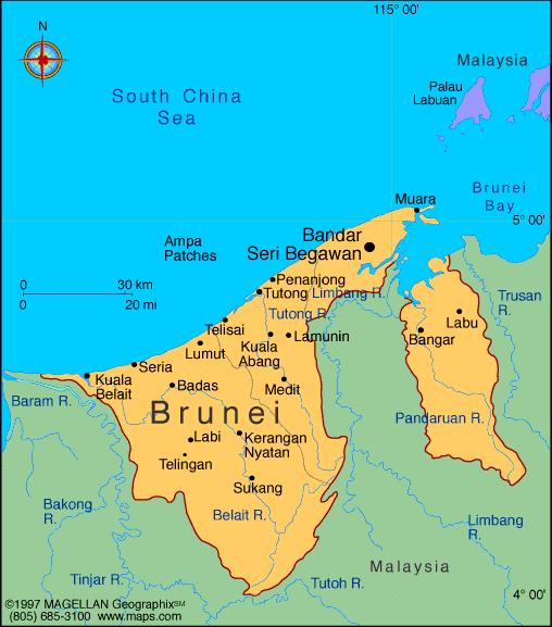 <p>situated on the northern coast of the island of Borneo, surrounded by the Malaysian state</p>