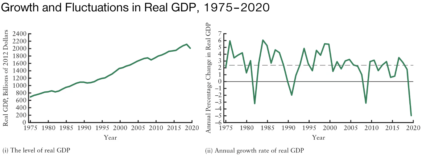 <p>Real GDP shows 2 kinds of movement: <strong>long-term economic growth</strong> and <strong>short-term fluctuations</strong>. </p>