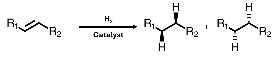 <ul><li><p>The two hydrogen atoms always add syn to one another</p></li><li><p>This is called stereospecificity – the reaction mechanism only allows a specific stereochemical outcome</p></li></ul><p></p>