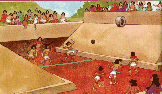 <p>What ancient Mesoamerican game is shown in the image, how was it played, and where is the most famous colossal ballcourt found?</p>