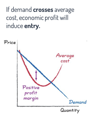 <p>When new competitors enter:</p><ol><li><p>Your demand curve shifts <strong>left</strong> (fewer customers).</p></li><li><p>Your demand curve becomes <strong>flatter</strong> (more elastic) → less market power.</p></li><li><p>You charge a <strong>lower price</strong> and sell <strong>less quantity</strong>.</p></li></ol><p></p>