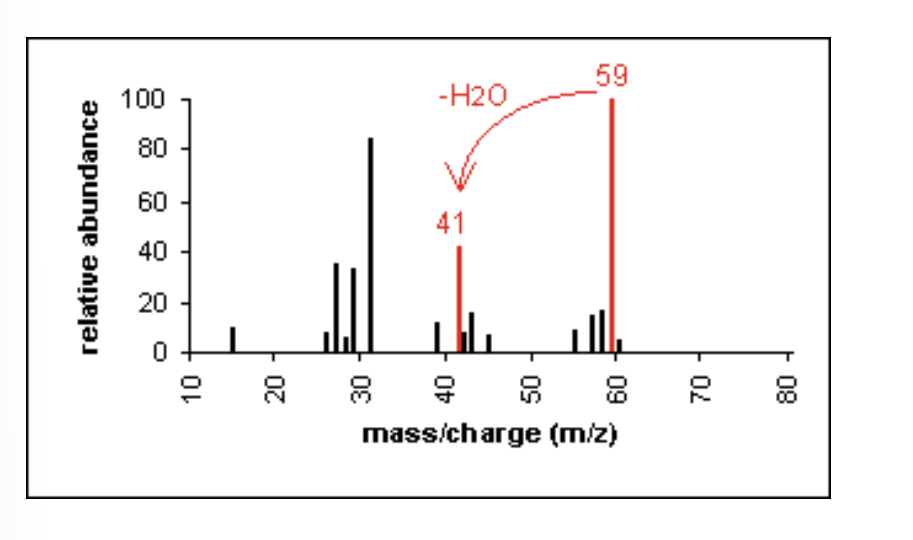 <ul><li><p>typically show a loss of water (18 Da) from molecular ion </p></li><li><p>M+ peak —&gt; can often be very small</p></li><li><p>prominent M-18 peak </p></li><li><p>cleavage of C-C bond next to the oxygen usually occurs</p></li></ul><p></p>
