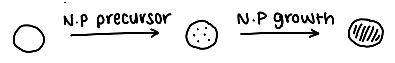 <p>Another method for bottom-up NP formation.</p><p>Involves using a nanocontainer which contains the seeds and is eventually filled up by the NP.</p><p>Biological cages, inorganic nanotubes and colloidal systems can be used as nanocontainers.</p><p>NP size is controlled by size of container.</p>