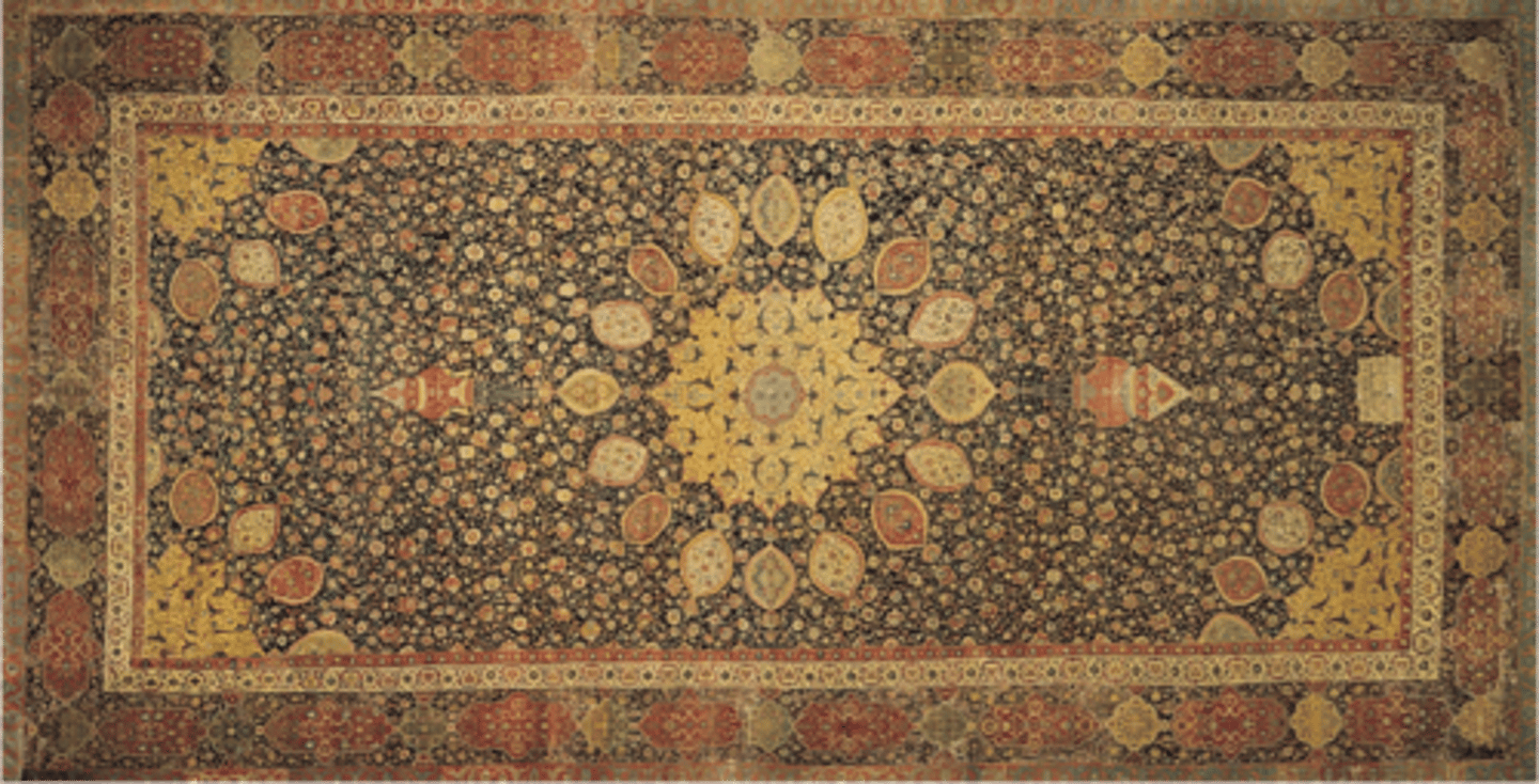 <p>1539-1540. Maqsud of Kashan. Silk warp and weft with wood pile.<br>MATCHING PAIR :) Made for a FUNERARY MOSQUE?! RIP?! Devoted to Safin al-Din Ardabili (SUFI LEADER)<br>Damaged in an earthquake.<br>HUGE VERSION OF A PRAYER CARPET!!!!! With intricate knotwork, very detailed<br>Center medallion represents the inside of a dome, mosque lamps hanging.<br>Produced by 10+ men (MAQSUD: people who made carpets) Very important</p>
