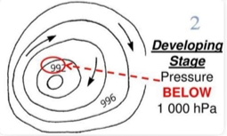 <ul><li><p>intensity increases as the air continues to converge and rise at the LP</p></li><li><p>divergence occurs in upper atmosphere</p></li><li><p>the pressure continues to drops leading to wind speeds increasing</p></li><li><p>eye begins to form with Cb clouds creating a vortex</p></li></ul><p></p>