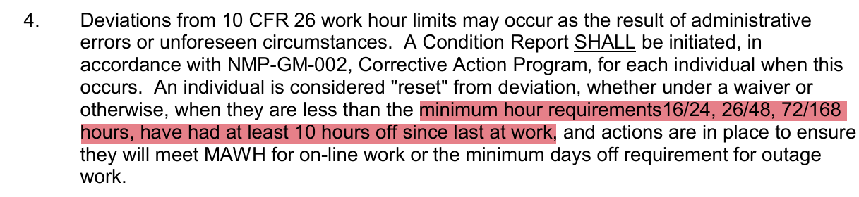 <p>54hr average</p><p></p><p>10hr break between shifts</p><p></p><p>*Emergencies have special exemptions including not counting toward fatigue tracking</p>