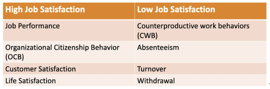 high job satisfaction:
-job performance
-organizational citizenship behavior (OCB)
-customer satisfaction
-life satisfaction

low job satisfaction:
-counterproductive work behaviors (CWB)
-absenteeism
-turnover
-withdrawal
