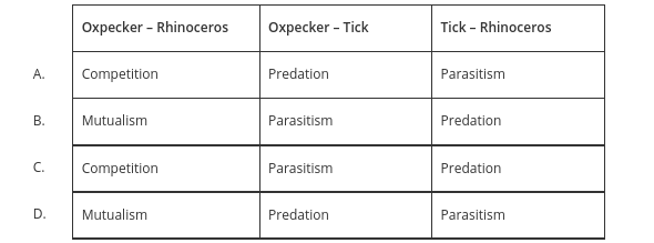 <p>Oxpeckers (tickbirds) are small birds that feed on ticks which infest large animals like rhinoceros.&nbsp; &nbsp; &nbsp; &nbsp; &nbsp; &nbsp; &nbsp; &nbsp; &nbsp; &nbsp; &nbsp; &nbsp; &nbsp; &nbsp;&nbsp;</p>
<p>&nbsp;&nbsp;&nbsp;&nbsp;&nbsp;&nbsp;&nbsp;&nbsp;&nbsp; What are the relationships between these species?</p>