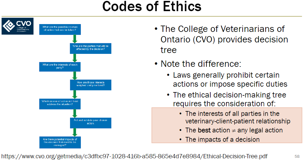 <p><strong>College of Veterinarians of Ontario (CVO)</strong><br> Provides an ethical decision-making tree for veterinarians</p><p><strong>Key Points</strong><br> Laws generally prohibit certain actions or impose specific duties<br> Ethical decision-making requires considering:<br>  • Interests of all parties in the veterinary-client-patient relationship<br>  • Best action may not align with legal action<br>  • Potential impacts of the decision</p>