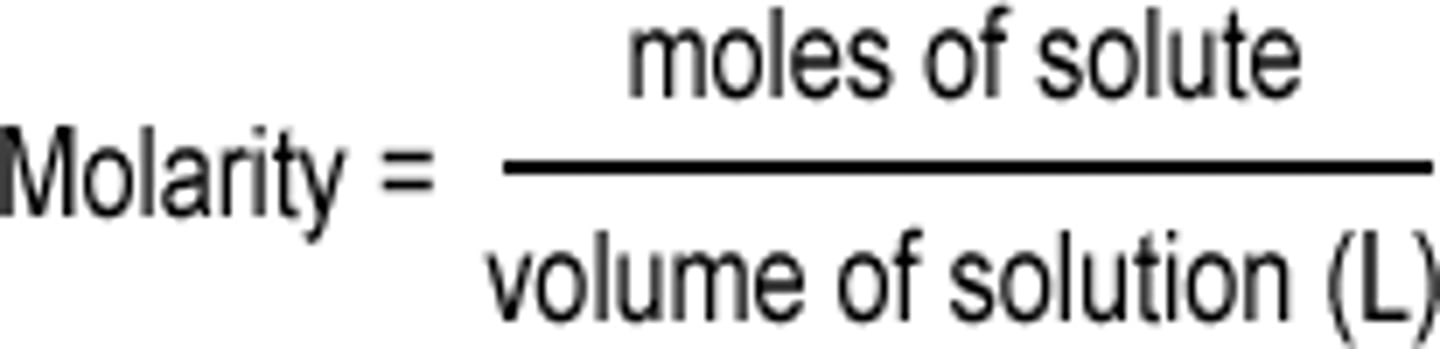 <p>The concentration of a solution by how many moles of a solute is in it. (M)<br><br>MOLES OVER L</p>