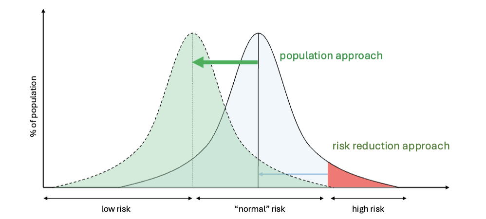 <p>focuses on upstream factors that influence the health of entire populations. looks at <strong>population-wide strategies</strong> as opposed to targeting high risk people and tries to address <strong>root causes</strong> as opposed to treating disease</p>