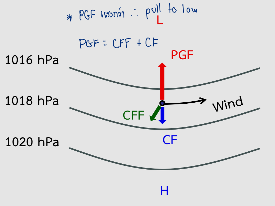 <ul><li><p>PGF = CF + CFF</p></li><li><p>Wind flow counterclockwise around low in the Northern hemisphere</p></li></ul><p></p>