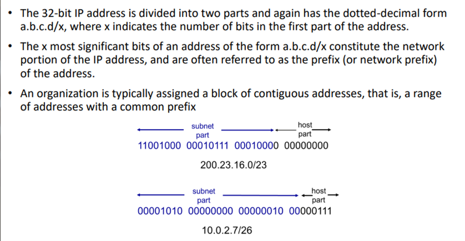 <p>ip addressing format - 32 bits etc.</p><p>using /xx for the subnet mask</p><p>range of IP addresses with common prefixes</p>
