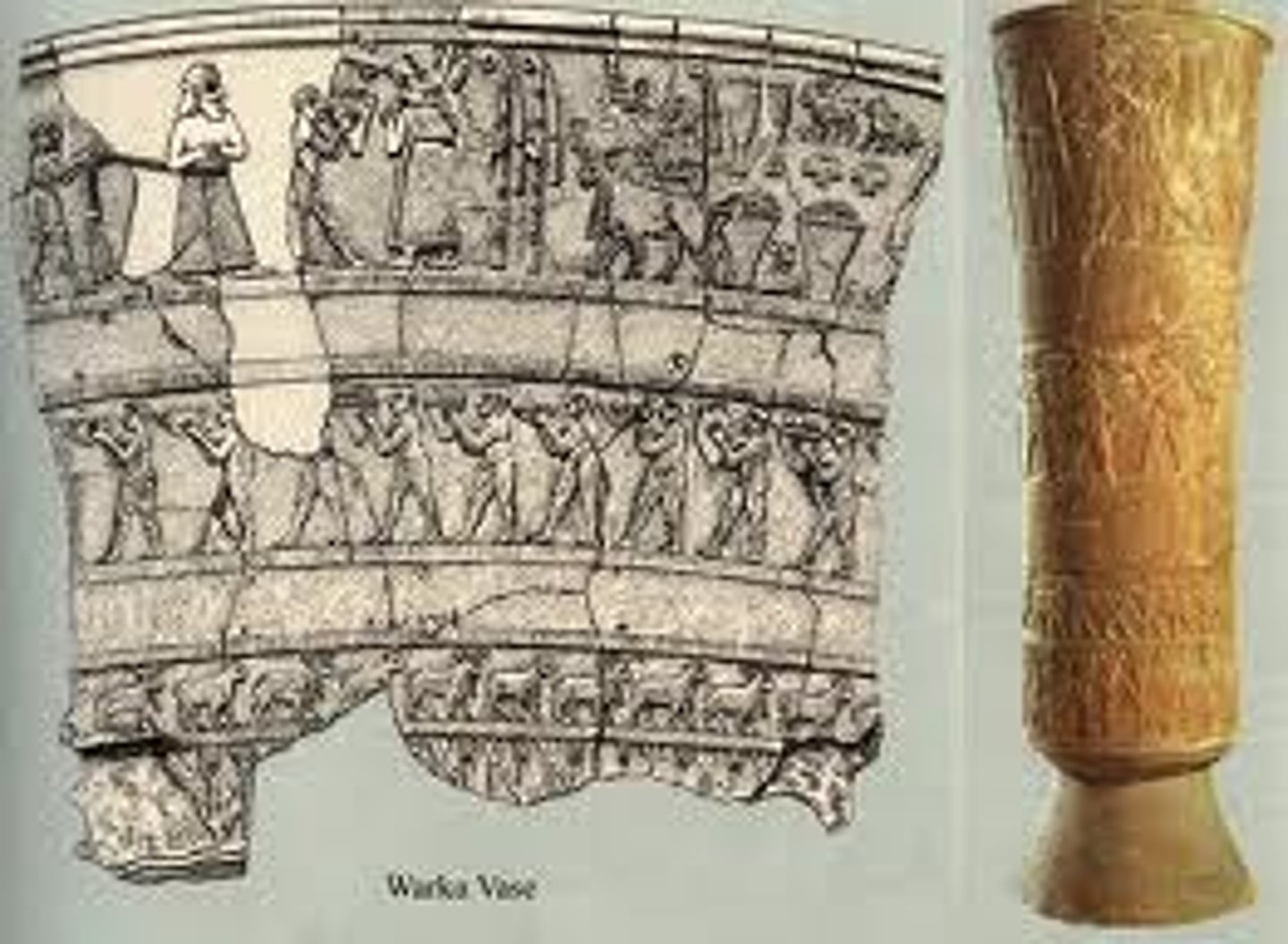 <p>From the Warka Vase, Sumerian 3500-2300 BC, Iraq. 3 registers showing a ceremony honoring Inanna, goddess of fertility. Tall horned headless is the symbol of Inanna.</p>