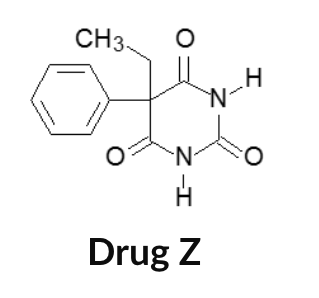 <p>The best descriptor to classify Drug Z is </p><ul><li><p>iminostilbene</p></li><li><p>benzodiazepine</p></li><li><p>diaminotriazine</p></li><li><p>barbiturate</p></li><li><p>hydantoin</p></li></ul>