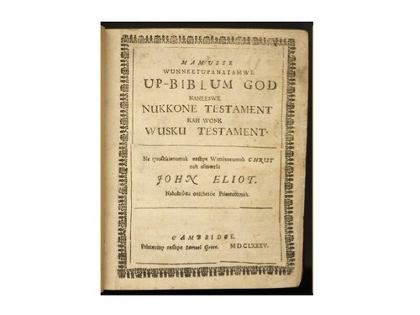 <p>It is the first Bible printed in any language in North America and the largest single printing venture of the early colonial period. It was prepared by English Puritan missionary John Eliot by translating the Geneva Bible into Massachusett. (worked on it for 15 years)</p><p>Despite this achievement, the "Eliot Indian Bible" also represents the failure of the Puritans to fully convert Native Americans to Christianity and reshape their lives.</p>