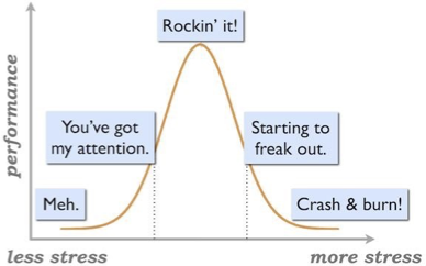 <p>Performance <strong>increases with mental arousal </strong>(stress) but only up to a <strong>point</strong>: when an individuals' level of stress is too low or too high, their performance deteriorates</p>