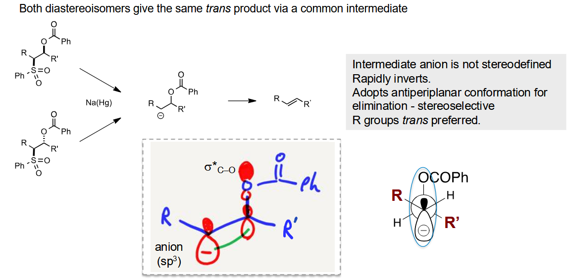 <p>The elimination needs an antiperiplanar position. With this conformation, the R groups rotate to be opposite to each other to minimise steric clash</p>