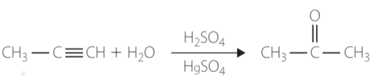 <ul><li><p>H and OH added</p></li><li><p>Markovnikoff’s rule</p></li><li><p>Alkene catalyst → Dilute Sulfuric acid</p></li><li><p>Alkyne catalyst → mercury(II) compounds and sulfuric acid</p><ul><li><p> Addition of water to an alkyne will produce a ketone</p></li></ul></li></ul><p></p>