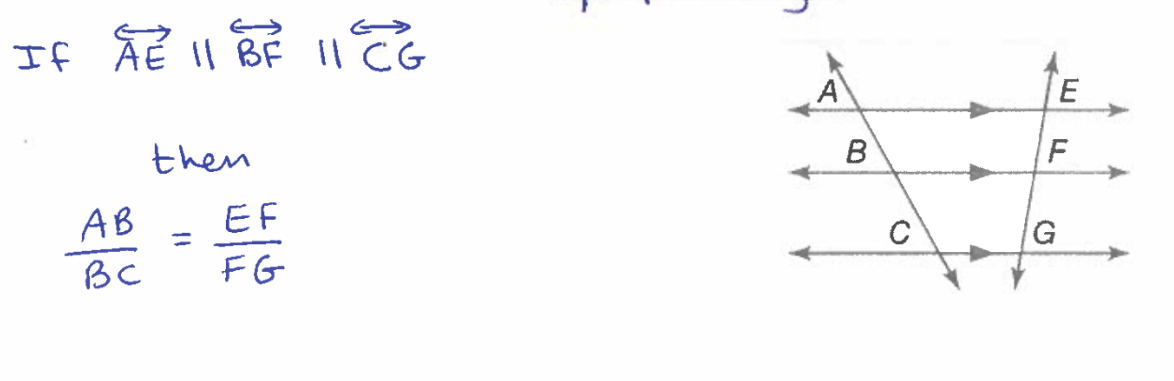 <p>If three or mores parallel lines intersect two transversals, then they cut the transversals proportionally </p>