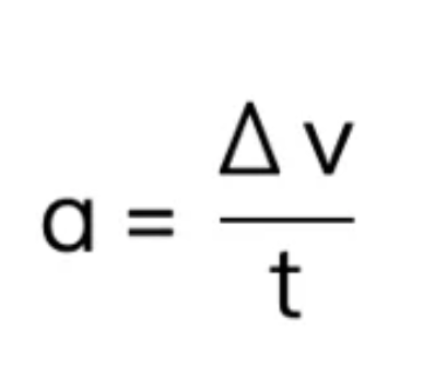 <p>acceleration = change in <strong>velocity </strong>over time (m/s<sup>2</sup><sub><sup>) </sup></sub></p>