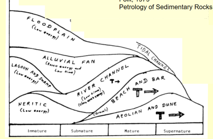 <p>Low energy environments (floodplains, alluvial fan) tend to have less mature sediment due to lower ability to move grains around. High energy environments (beaches, sand dunes) can move grain much more easily and break them down, so you find more mature grains</p>