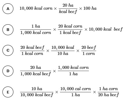 <p><span>Corn can be grown at a rate of 1,000 kcal per hectare, and it takes 20 times more land to produce beef than it does to produce corn. Which of the following equations would correctly calculate the amount of land needed to produce 10,000 kcal of beef?</span></p>