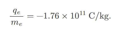 <p>approximately 1.76 x 10^11 coulombs per kg. </p>