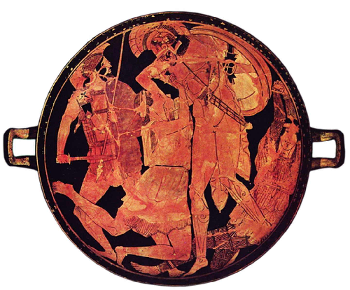 <p>5th century BCE, kylix used at symposia (fascination with Amazons); Achilles standing over Penthesilea killing her, Penthesilea supplication; Amazon on the outside facing forward (striking) with either tattoos or patterned clothes</p>