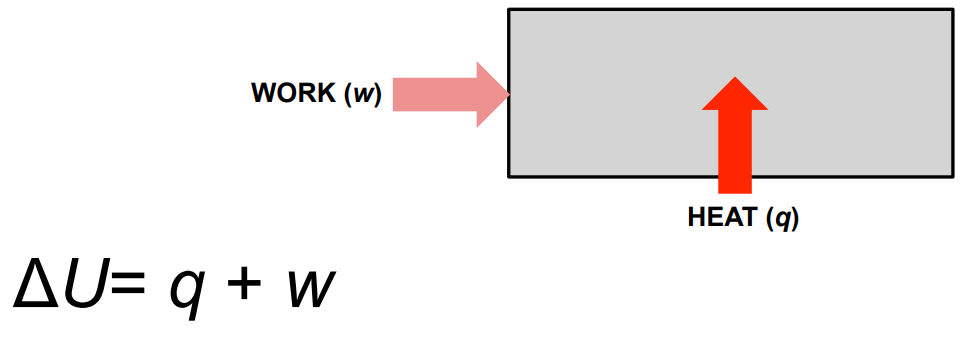 <p>In the diagram showing HEAT (q) and WORK (w) entering a system, what equation does this represent?</p>