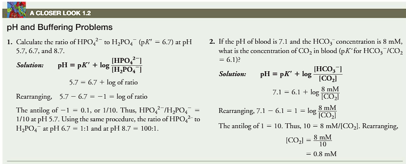 <p>(pH and buffering problems)</p><ol><li><p>calculate the ratio of H<sub>2</sub>PO<sub>4</sub><sup>2-</sup> (pK’=6.7) at pH 5.7, 6.7 and 8.7. </p></li><li><p>If the pH of blood is 7.1 and the HCO3 concentration is 8mM, what is the concentration of CO2 in blood (pK’ for HCO3/CO2=6.1) </p></li></ol><p></p>