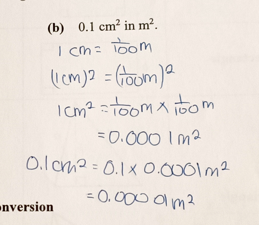 <ol>
<li>convert 1 centimetre to metre. 2. find 1 square centimetre in terms of square metre by squaring both sides. 3. find the required square centimetre by multiplying the number to the right-hand side of the equation.</li>
</ol>