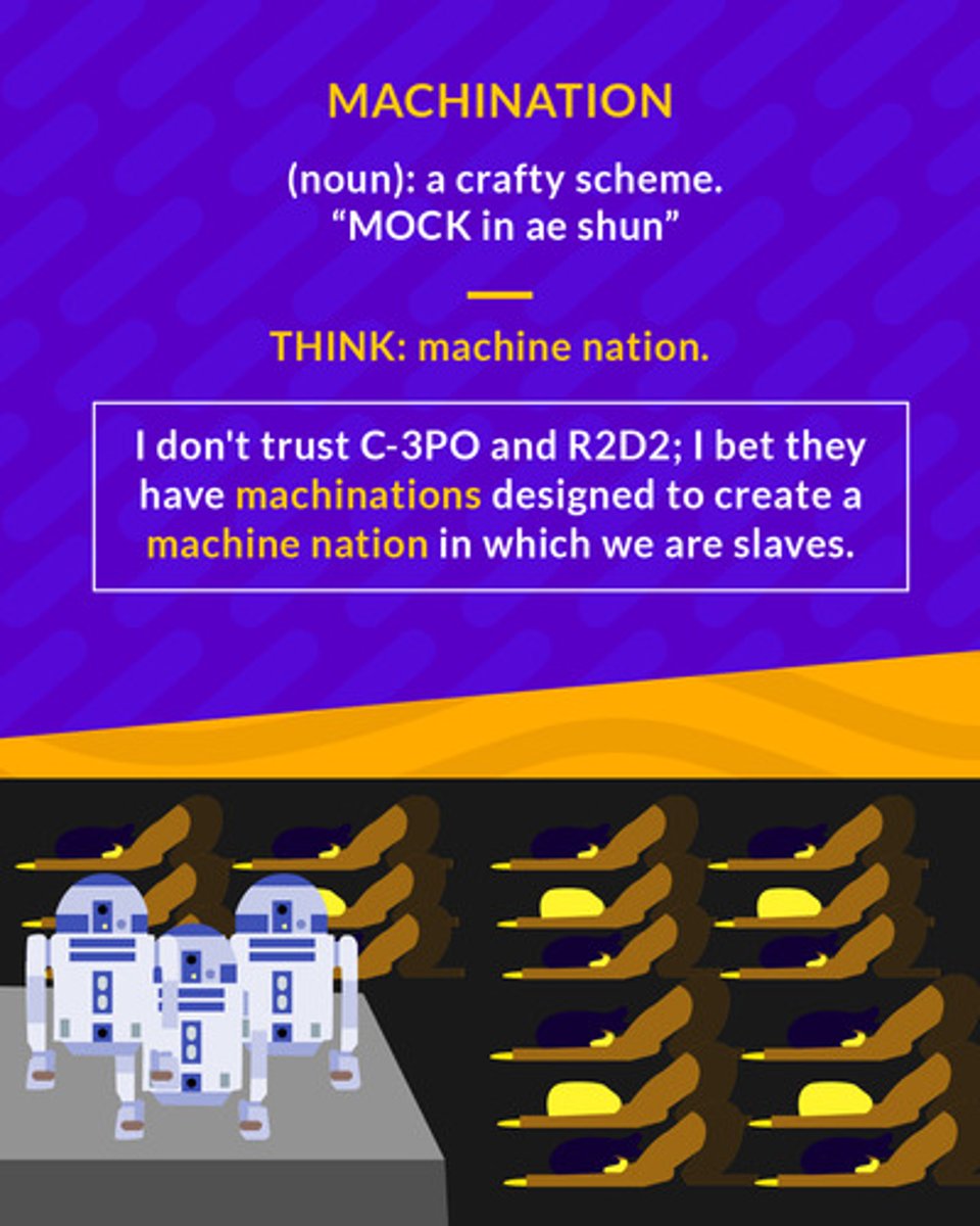 <p>a crafty, scheming, or underhanded action designed to accomplish some (usually evil) end</p><p>(noun) a crafty scheme</p>