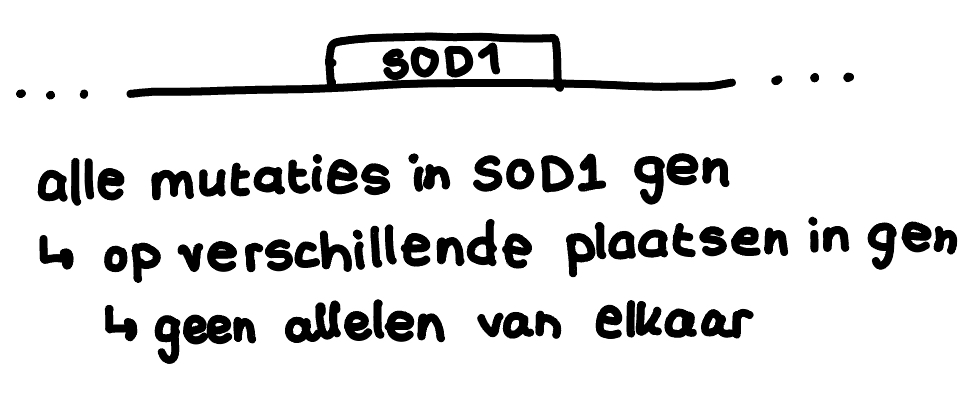 Verschillende (types) mutaties in hetzelfde gen veroorzaken de aandoening

bv. degeneratieve myelopathie