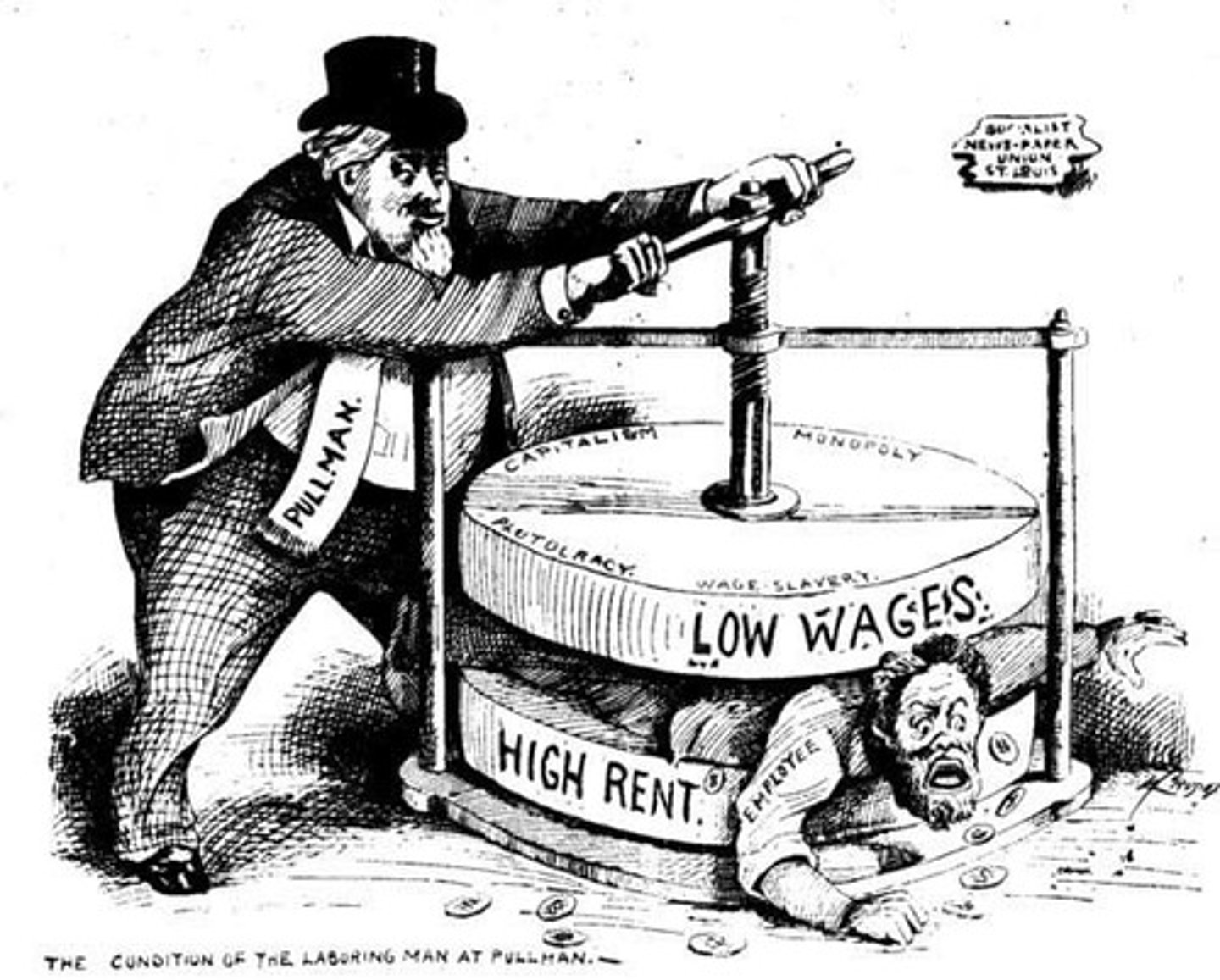 <p>in Chicago, Pullman cut wages but refused to lower rents in the "company town", Eugene Debs had American Railway Union refuse to use Pullman cars, Debs thrown in jail after being sued, strike achieved nothing</p>