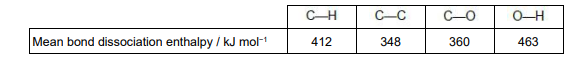 <p>Calculate the enthalpy change, in kJ, for this dissociation of mole of propan-1-ol. C<sub>3</sub>H<sub>7</sub>OH(g) ⟶ 3C(g) + 8H(g) + O(g) (1)</p>